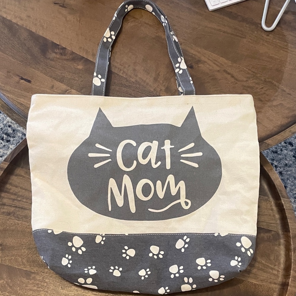 Cat Mom Canvas Tote Bag in Cream and Gray - Pet Lover Gift, NWOT